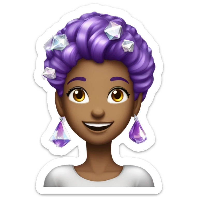 one girl with purple diamond hair made from purple crystals or diamonds or jewels, she is feeling happy and elated and excited, make her hair shiny with prisms and angles and edges, now make her hair crystallized sticker