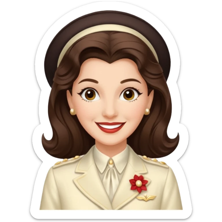 Maxene Andrews from The Andrews Sisters with long dark brown hair, ivory outfit sticker
