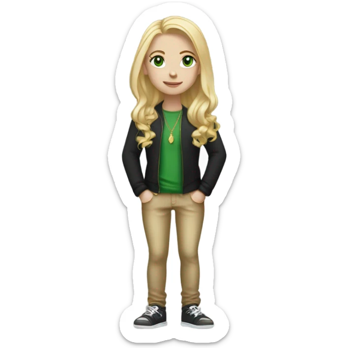 skinny pretty long blonde girl slanted green eyes gold jewlery light skin black shirt sticker