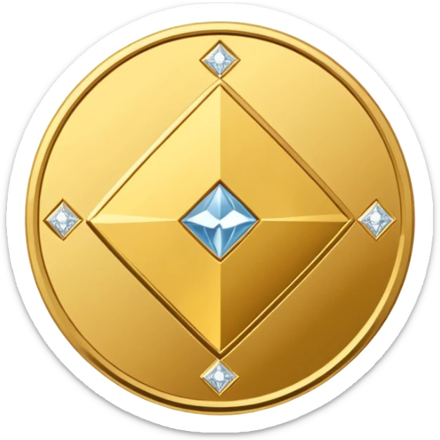 Create a high-quality 3D render of a shiny yellow/gold coin. In the center of the coin, place a diamond-shaped logo (“wajik”). Around the logo, engrave the text “Rusoconnect Network” in a circular layout. sticker