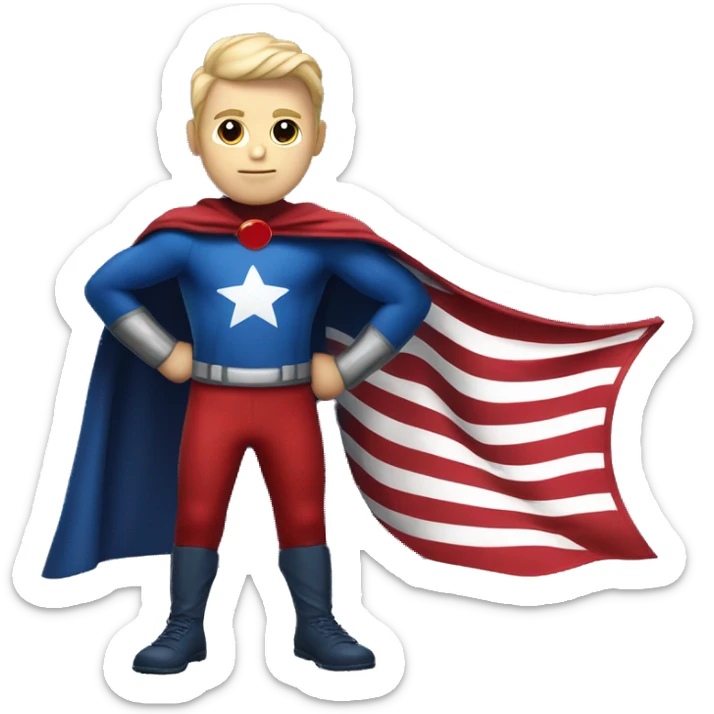 Emoji of Homelander from ‘The Boys’ series. USA flag-inspired costume with cape (red, blue, white). Confident, slightly menacing expression. sticker