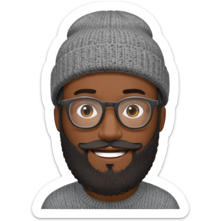 A dark-skinned man with a gray knit beanie, black glasses, a full beard, and a friendly smile. sticker
