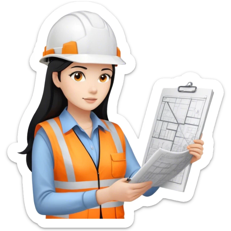 Female civil engineer with long black hair and white helmet wearing white shirt and an orange safety vest looking at drawing plan on her hand  sticker