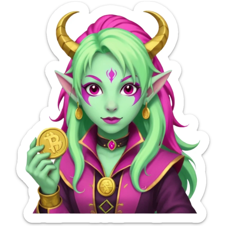 A D&D tiefling with pale green skin and long hot pink hair. She is a rouge and is obsessed with gold sticker