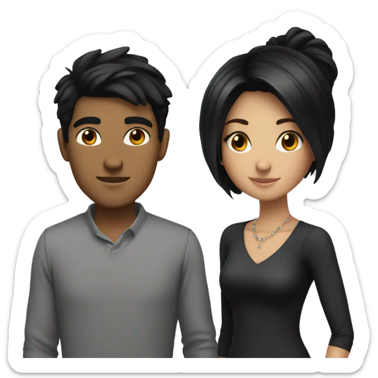 A young, English couple, the male taller with black hair, the woman slightly shorter with black hair and slightly emo sticker