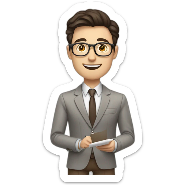 Pale skinned fit man with dark brown hair in gray jacket, beige office shirt, brown tie, brown pants and vintage glasses Writing text on the flipchart sticker