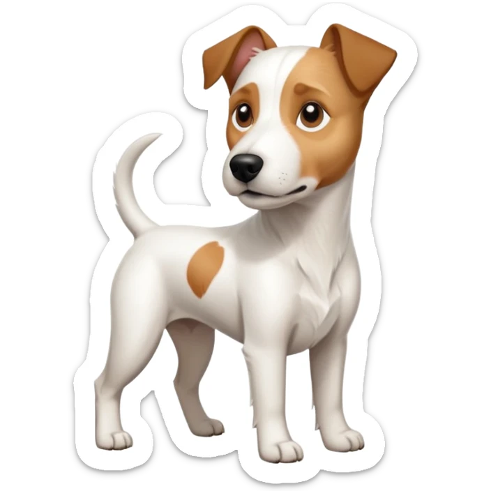 a full body large white parson russell terrier looking dog the size of a kelpie with light brown long ears and a light brown patch on one eye and a large snout sticker