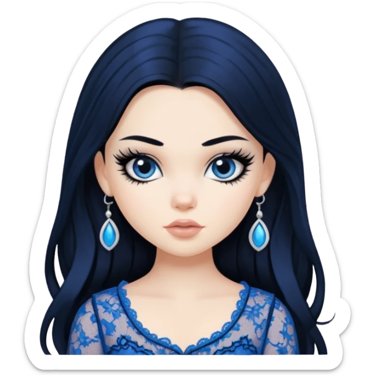 pretty, BLACK long black hair, pale skin, eyeliner, blue lace clothes, bratz baddie sticker