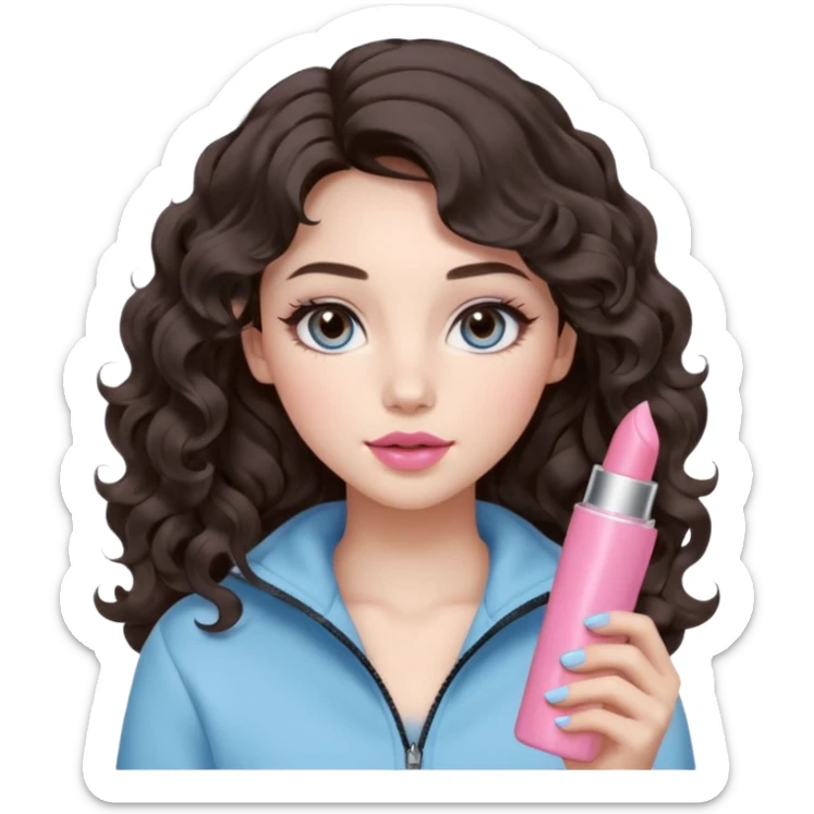 A girl with soft loose wavy curls (not tight), dark brown hair with natural volume, round-almond Douyin-style eyes with long curled lashes, cool-tone neutral makeup. She’s wearing a light-blue athletic outfit and holding a normal-size pink lipstick in one hand.. sticker