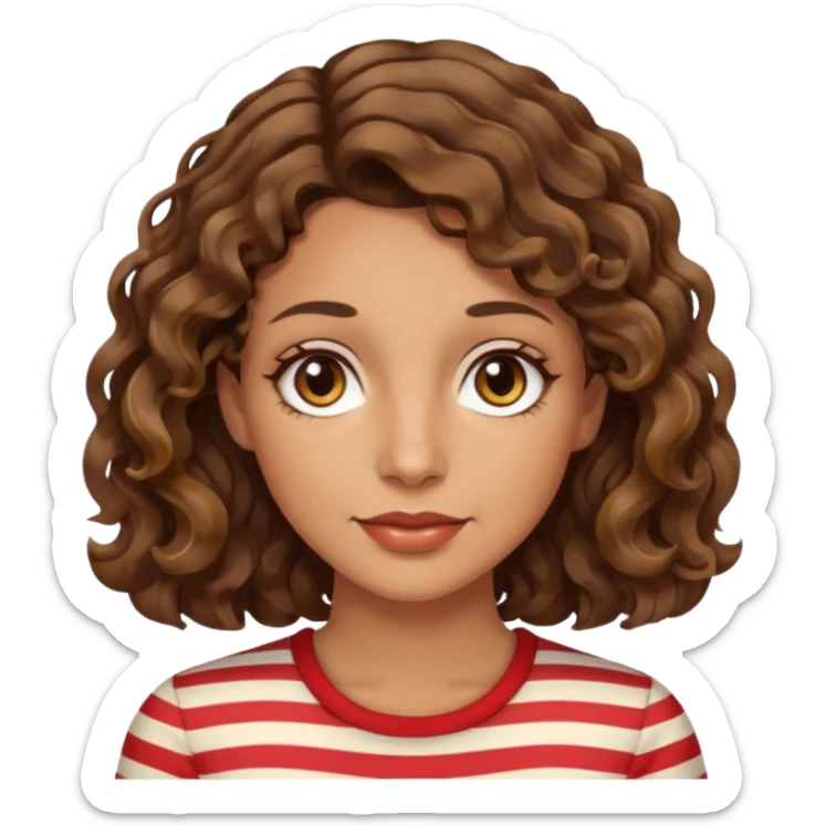 woman, 40s, chin-length wavy/curly brown-ish, few white stripes hair, hazel eyes sticker