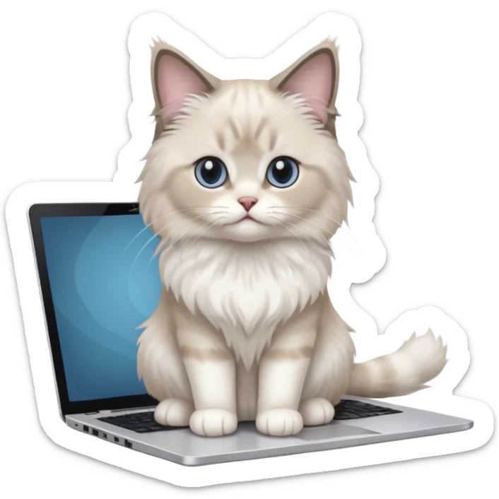 Cute ragdoll cat on a laptop. Should sit on top of the laptop, cat is way bigger than the laptop. Could walk on the laptop or sit. I liked the first one but remove the blue on the cat, Please make the brown parts light grey sticker
