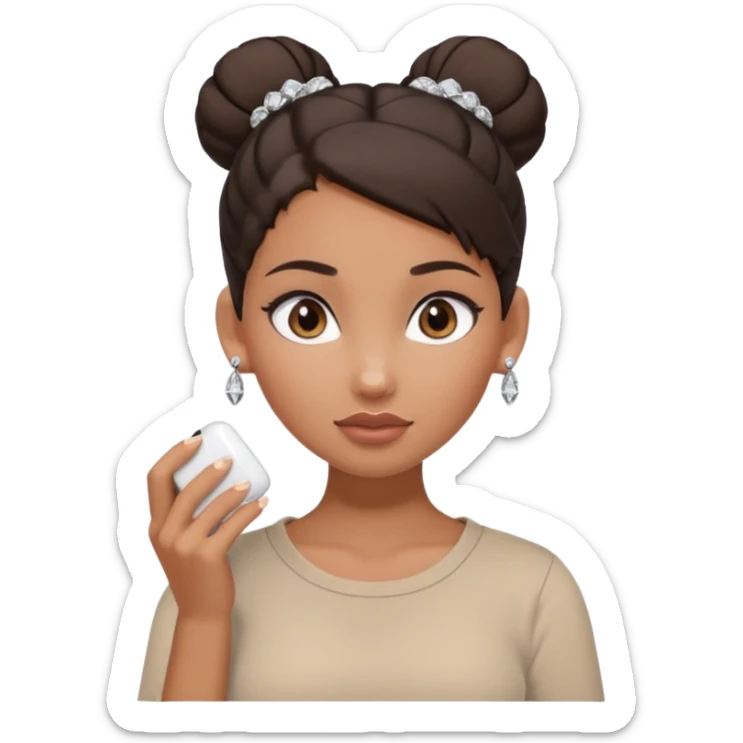 generate a pretty bratz girl with dark brown eyes. Dark brown hair tied in a single bun, tight beige shirt with top shirt open. diamond studs in ears. airpods in ear sticker