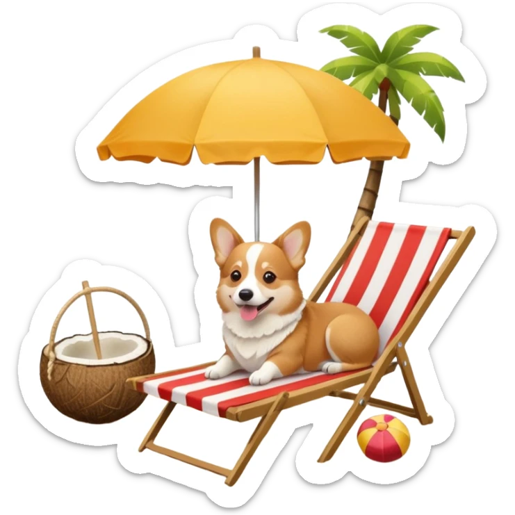 a corgi dog laied on a beach chair, a sunny beach, a sun umbrella, and beach coconut trees. the icon should capture the essence of a relaxing beach vacation with a carefree atmosphere sticker