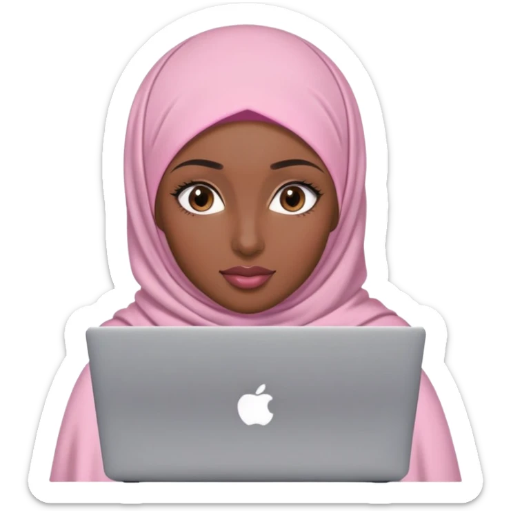 Dark brown skin woman wearing light pink hijab with natural makeup, long eyelashes and lip gloss working behind laptop sticker