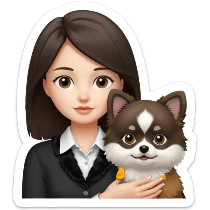 an brunette girl holding her pomeranian dog thats black and white but has white middle part in the face kinda looks like a panda sticker