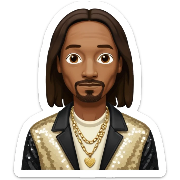 Snoop Dogg with long dark brown hair, ivory sequin jacket, black shirt with necklace sticker