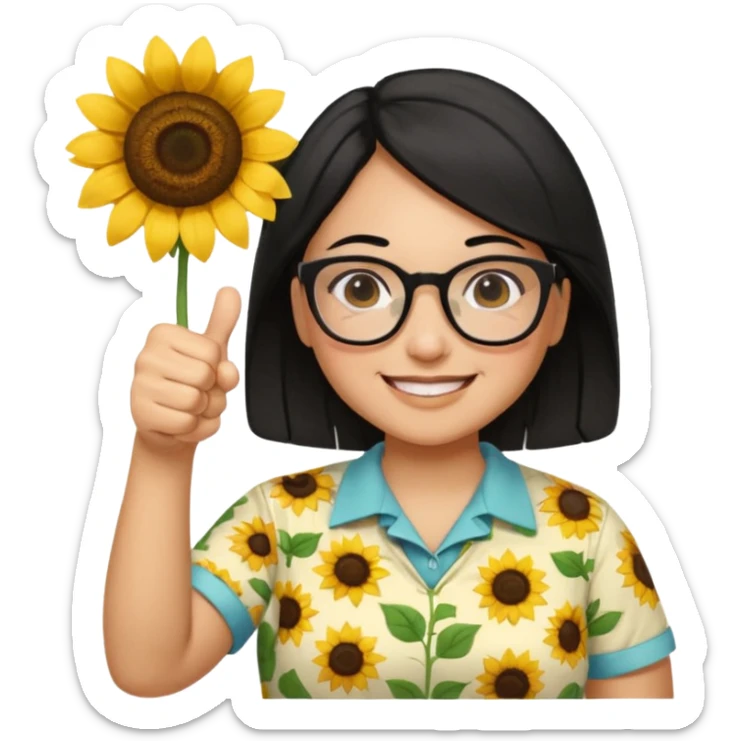 Make my biology teacher shes light brown, wears glasses, female, fat, sunflower shirt under and make her give 1 thumbs up and she has black hair and chubby sticker