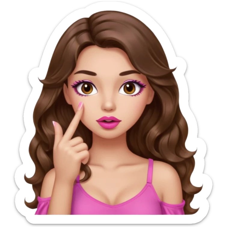 girl with long wavy brown hair, brown eyes, light to medium complexion, in a pink sexy top, pink lips, long lashes, shushing with one finger on the lips sticker