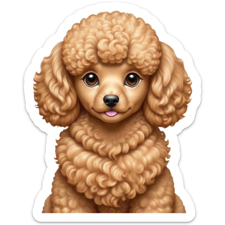 Cinematic Noble Apricot Poodle Portrait Emoji, Poised and regal, with a refined, elegant build and a meticulously groomed, curly apricot Fur, deep-set soulful warm eyes, Simplified yet sharp and sophisticated features, highly detailed, glowing with a soft, dignified glow, high shine, intelligent and graceful, stylized with an air of sophistication, focused and attentive, soft glowing outline, capturing the essence of a watchful and confident companion, so majestic it feels as though it could prance out of the screen with effortless authority! sticker