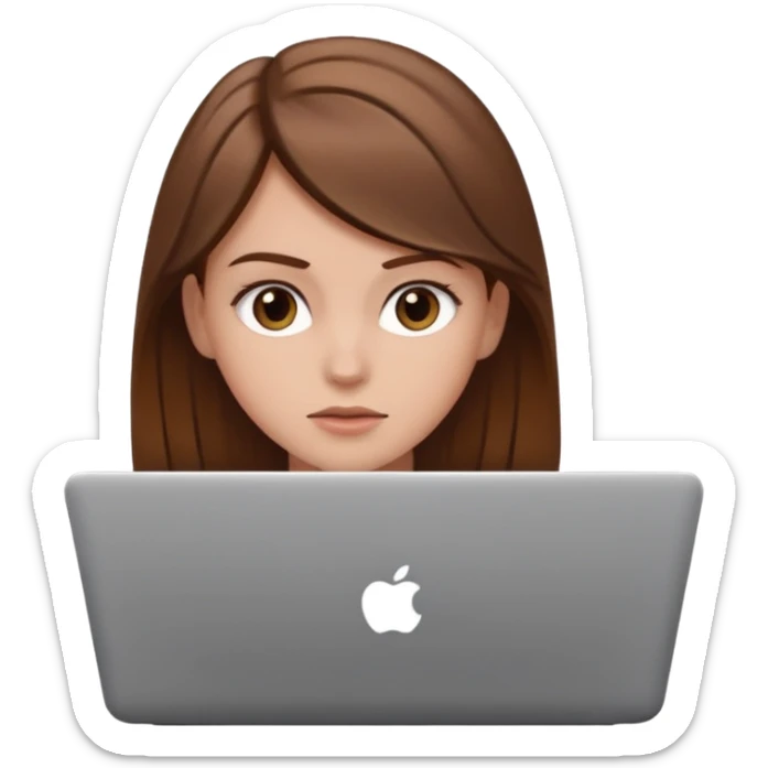 Make an emoji of a white girl with brown hair behind a laptop screen with her mouth not showing sticker