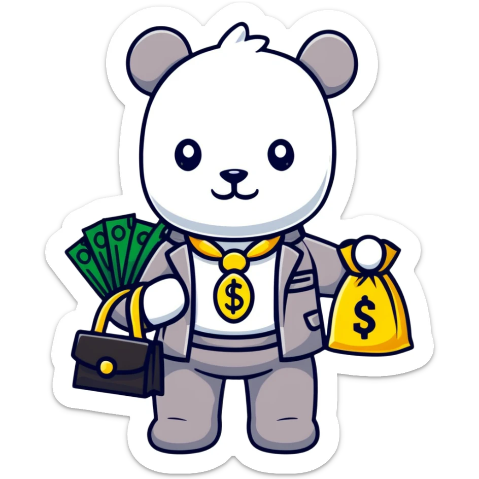 cool hustler bearbrick with money bag, luxury clothes, and bling jewelry sticker