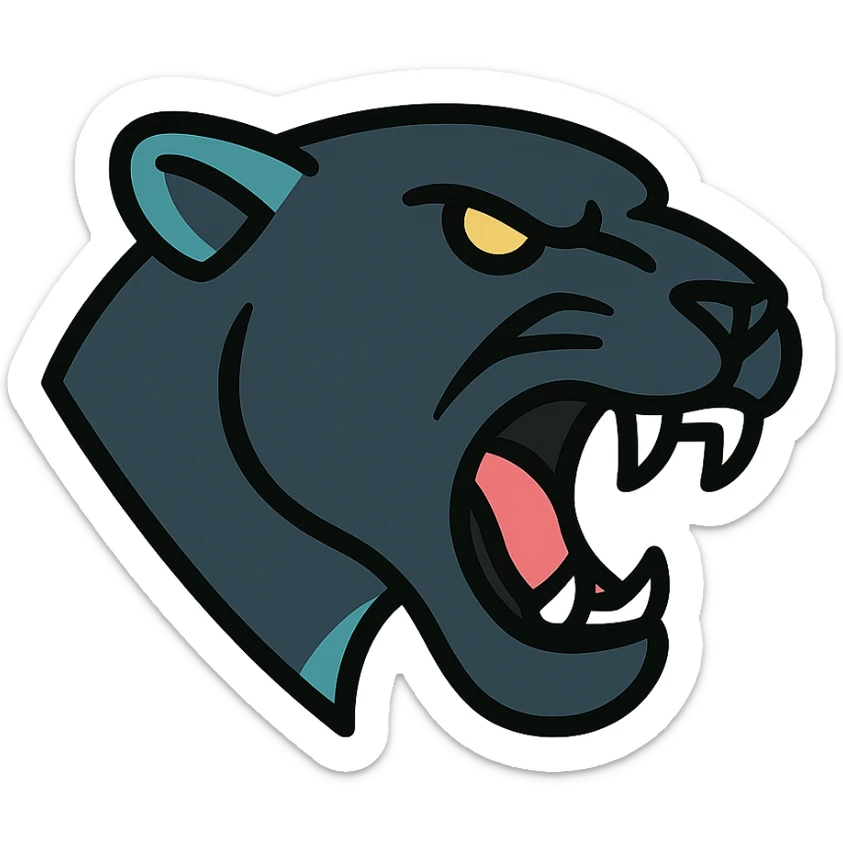 fierce panther head, roaring, black fur with teal accents, strong jawline, sports team logo style sticker