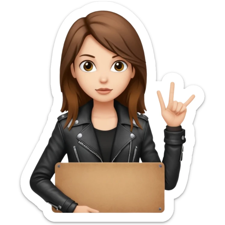 A fair skin rocker chick with long brown hair holding a large blank sign sticker