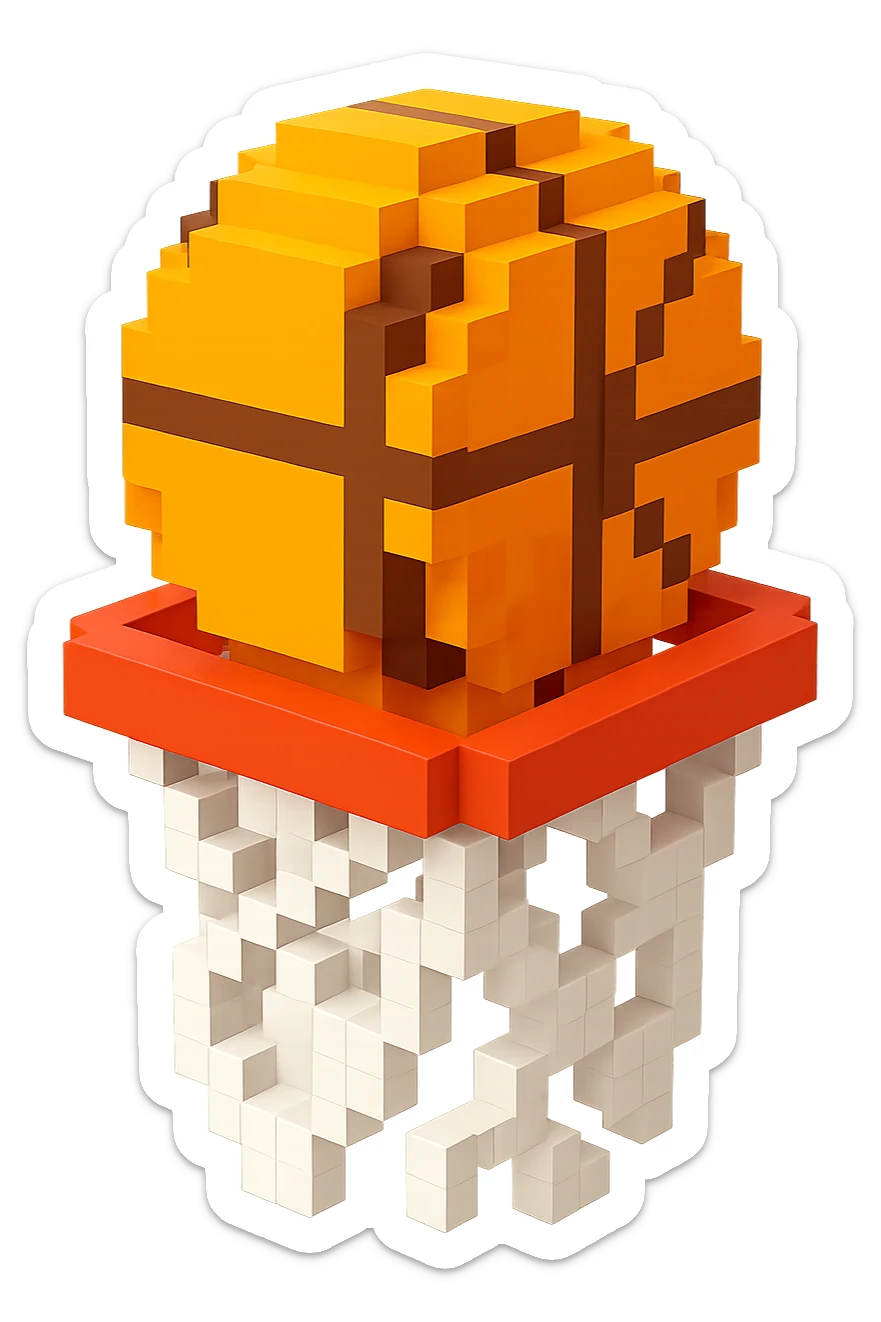 A voxel-style basketball in a net, simple and clear sticker
