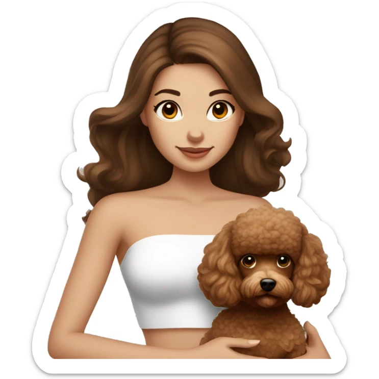 Brunette straight hair girl , in white strapless top holding a brown toy poodle sticker