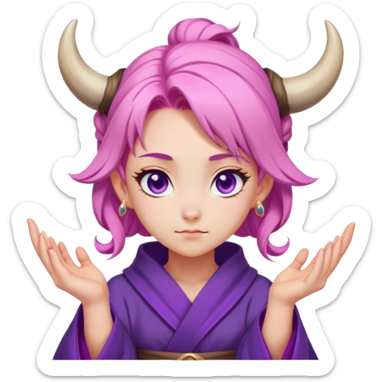 A female mage with peach-colored hair styled in two ox horn-shaped buns, purple eyes, fair skin, and a tsundere expression, wearing a form-fitting purple magical robe.  
 sticker