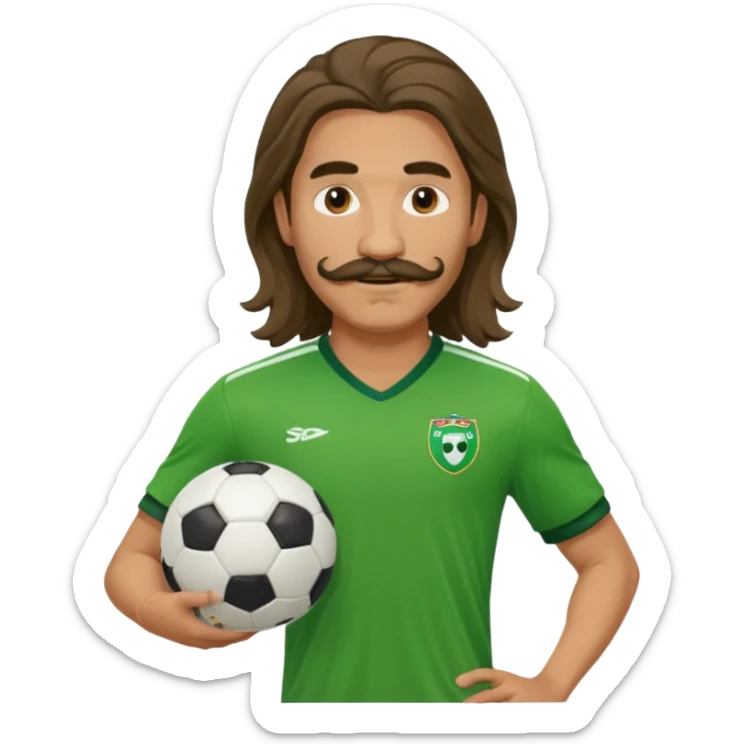 long hair man soccer player green jersey with mustache holding soccer ball sticker
