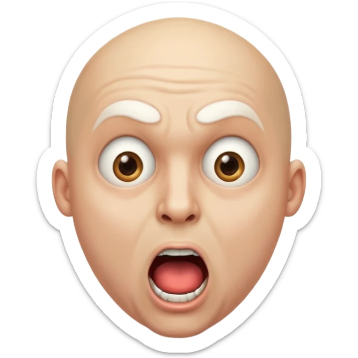 portrait of a bald man with a bleached face and heavily made-up eyes and mouth, a huge, wide-open mouth and a shocked look sticker