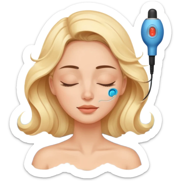 Emoji of a woman with eyes closed, getting an ultrasonic cavitation treatment on her cheek, blue waves showing vibration sticker