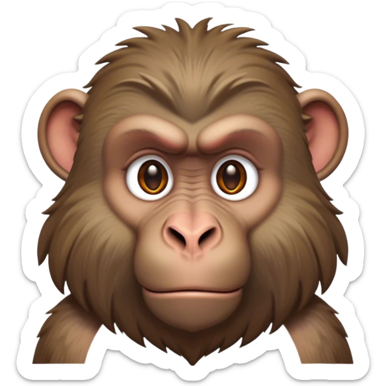 Cinematic Noble Baboon Portrait Emoji, Poised and regal, with a robust, muscular build and a richly textured Fur of earthy browns, deep-set soulful eyes with a mischievous glint, Simplified yet sharp and sophisticated features, highly detailed, glowing with a warm, dignified glow, high shine, intelligent and bold, stylized with an air of untamed urban majesty, focused and attentive, soft glowing outline, capturing the essence of a watchful and confident primate, so majestic it feels as though it could stride out of the screen with effortless authority! sticker