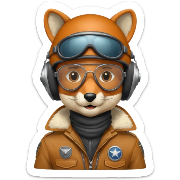 renard aviateur, casque en cuir, écharpe blanche, lunettes "climax" sur le casque au dessus des yeux, blouson aviateur sticker