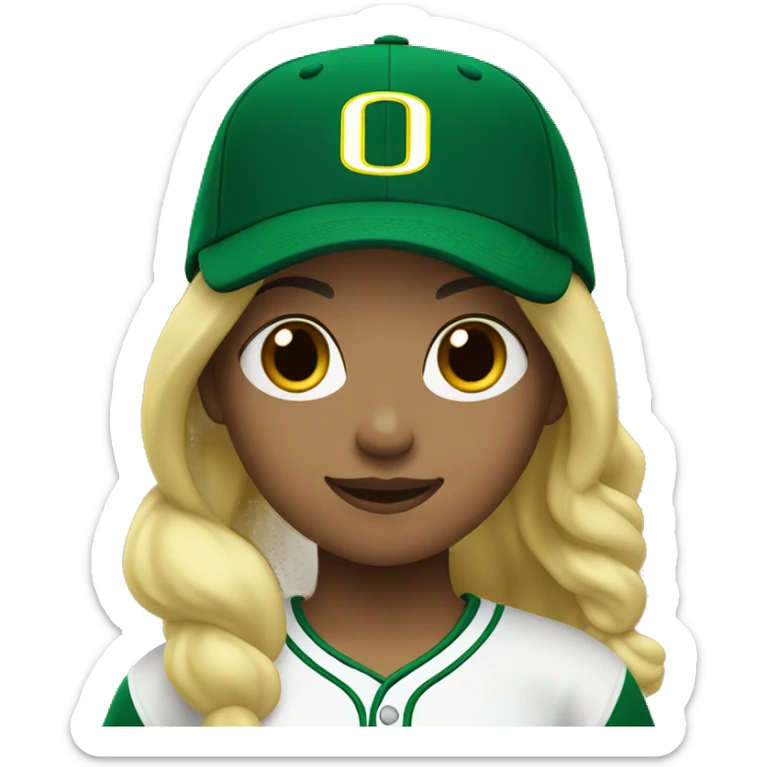 Girl with university of Oregon baseball cap and blonde hair sticker