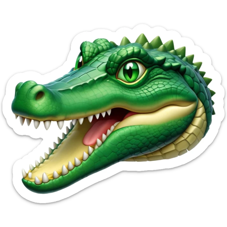 cinematic-noble-crocodile-portrait-emoji,-poised-and-regal,-with-a-powerful,-elongated-build-and-a-rugged,-scaly-emerald-green-hide,-piercing-cold-eyes,-simplified-yet-sharp-and-sophisticated-features,-highly-detailed,-glowing, head held high sticker