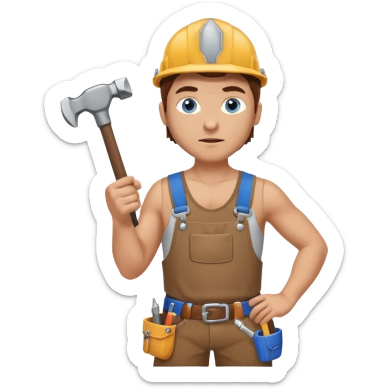 Guy with brown hair and blue eyes wearing a toolbelt and no shirt holding a hammer sticker