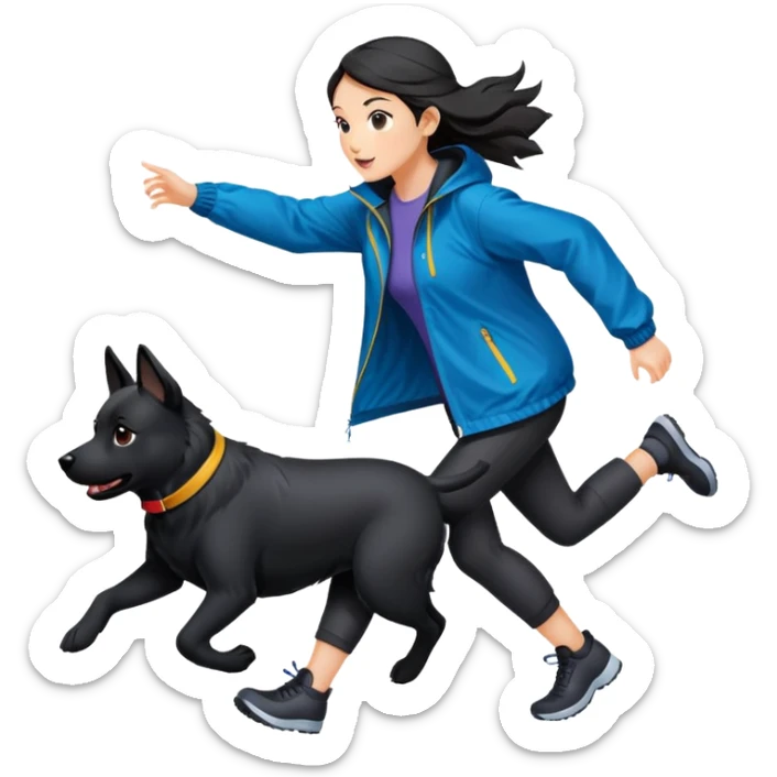 A beautiful girl with fair skin chases a black dog in a windbreaker sticker