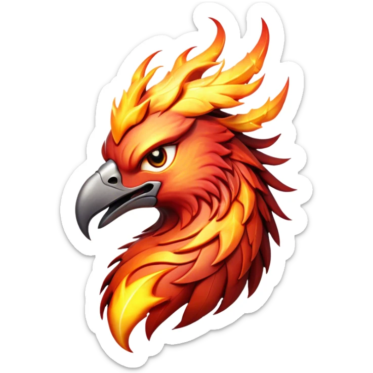 Cinematic Fierce Battle-Hardened Mystical Fire Phoenix Portrait Emoji, head tilted with an aggressive, unwavering gaze that speaks of relentless combat. The flame-kissed form is marked by rugged, charred feathers and vivid battle scars. Its blazing eyes radiate raw intensity and steely resolve, rendered with lifelike detail and stark natural lighting, high shine, channeling an aura of unyielding warlike energy and valor, softened by a dynamic glowing outline that highlights its battle-earned ferocity. sticker