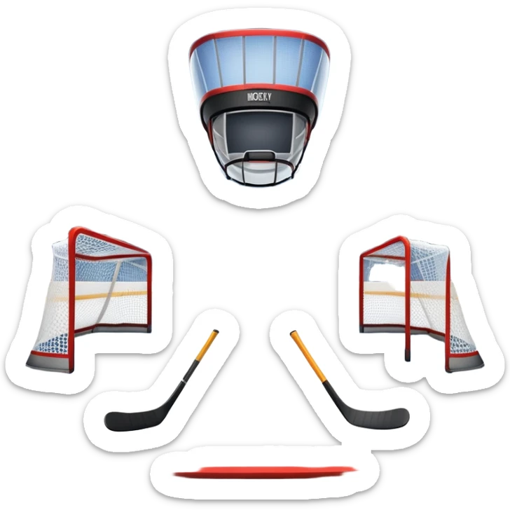 An icon showing a hockey stick, puck, skates, and goalposts on the ice. The background features a large hockey stadium with cheering fans, bright lights, and a snowy landscape visible through the arena. Transparent background highlights the main hockey equipment and atmosphere. sticker