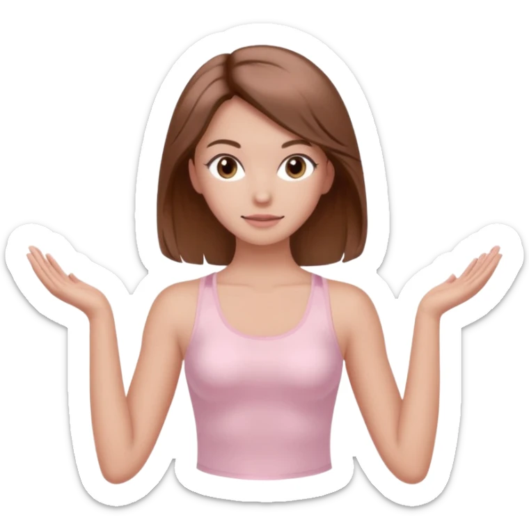 brown hair girl wearing light pink pilates clothes, silk beautiful medium hair and brown eyes, hands down sticker