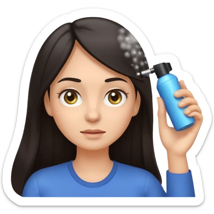 Emoji-style illustration of a woman with long dark hair, front-facing, simple rounded facial features, big expressive eyes, flat vector shading. A hand is spraying hair spray from a small aerosol can toward her hair, visible mist/spray particles in the air.  sticker