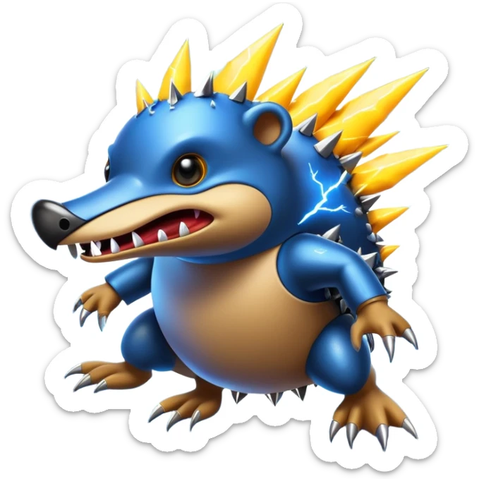 a fantastical dangerous and spooky electric platypus merged with a hedgehog with sharp teeth, metal electric spikes, and strong fangs, electricity and lightning coming, menacing look, yellow and blue lightning bolts sticker