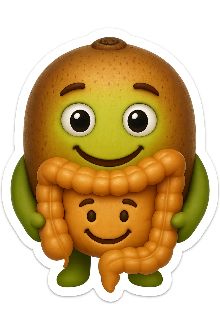 emoji stile iphone di kiwi che tengono in mano un pezzo di colon con espressione felice in volto, iperrealistico 4k sticker