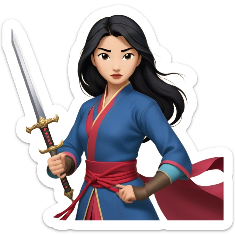 Cinematic Realistic Mulan Portrait, depicted with lifelike skin texture, soft natural lighting, and intricately detailed long black hair styled elegantly. Her deep, expressive eyes exude determination and grace, complemented by a serene yet confident expression. She stands with one hand resting on the hilt of her sword, the other by her side, exuding strength and poise. She is dressed in her classic attire, with rich fabric textures and delicate folds that catch the light beautifully. The portrait features a soft, enchanting glow with a natural, radiant finish, capturing the essence of timeless strength and beauty in a realistic and painterly style, evoking a sense of depth and authenticity. sticker
