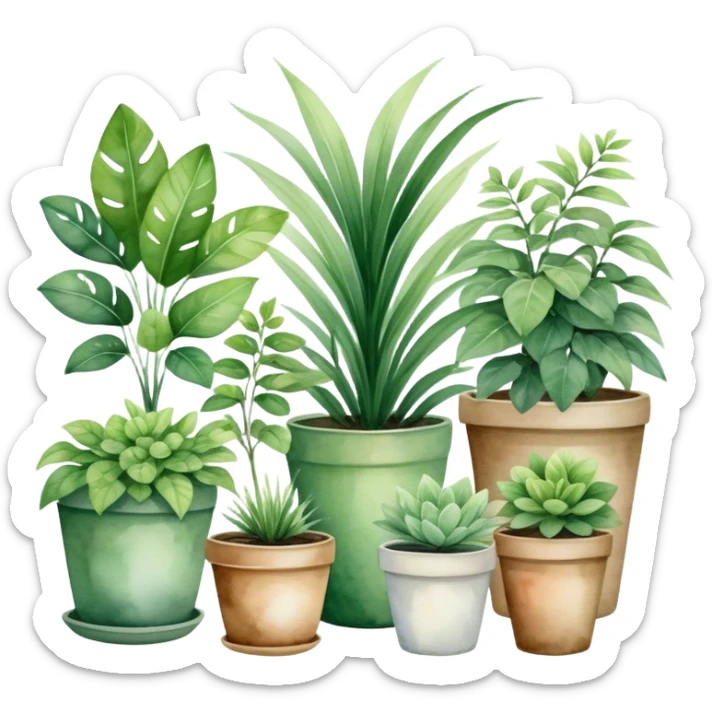 A cozy indoor garden scene with an assortment of potted plants, painted in a delicate and natural watercolor style. sticker