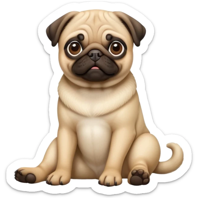 detailed-[pug]-realistic-full-body-sitting-emoji,-tail-resting-loosely-beside-its-paws,-head-tilted-dramatically, -sleek-fur,-simplified-yet-realistic-focused-features,-highly-detailed,-glowing-with-an-almost-sarcastic-glow sticker