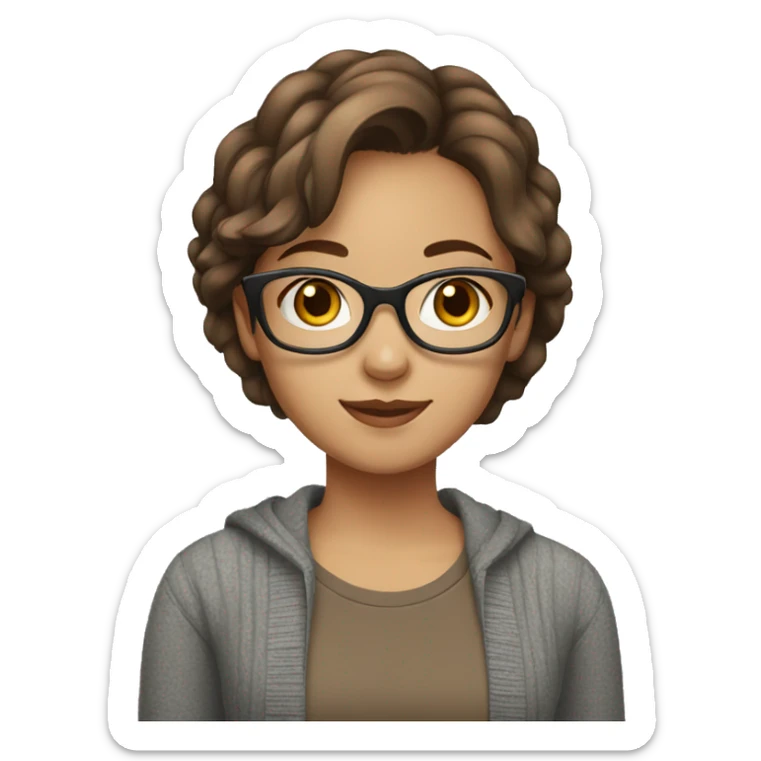 a girl with short brown hair wearing glasses and wearing a brown t-shirt covered with a gray cardigan sticker