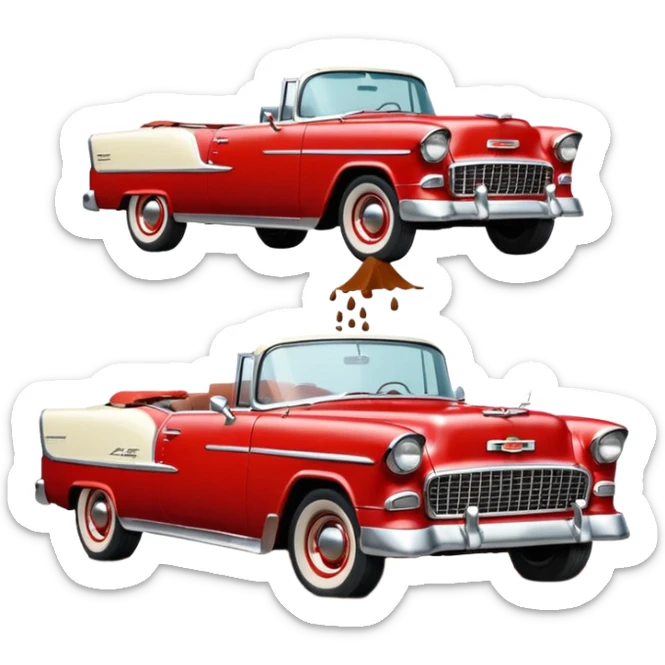1955 Chevrolet Bel Air Convertible, Red-White color, with a bucket of brown mud pouring down on it, and the car itself is all dirty. 32x32 pixels, aspect ratio: 1:1 sticker
